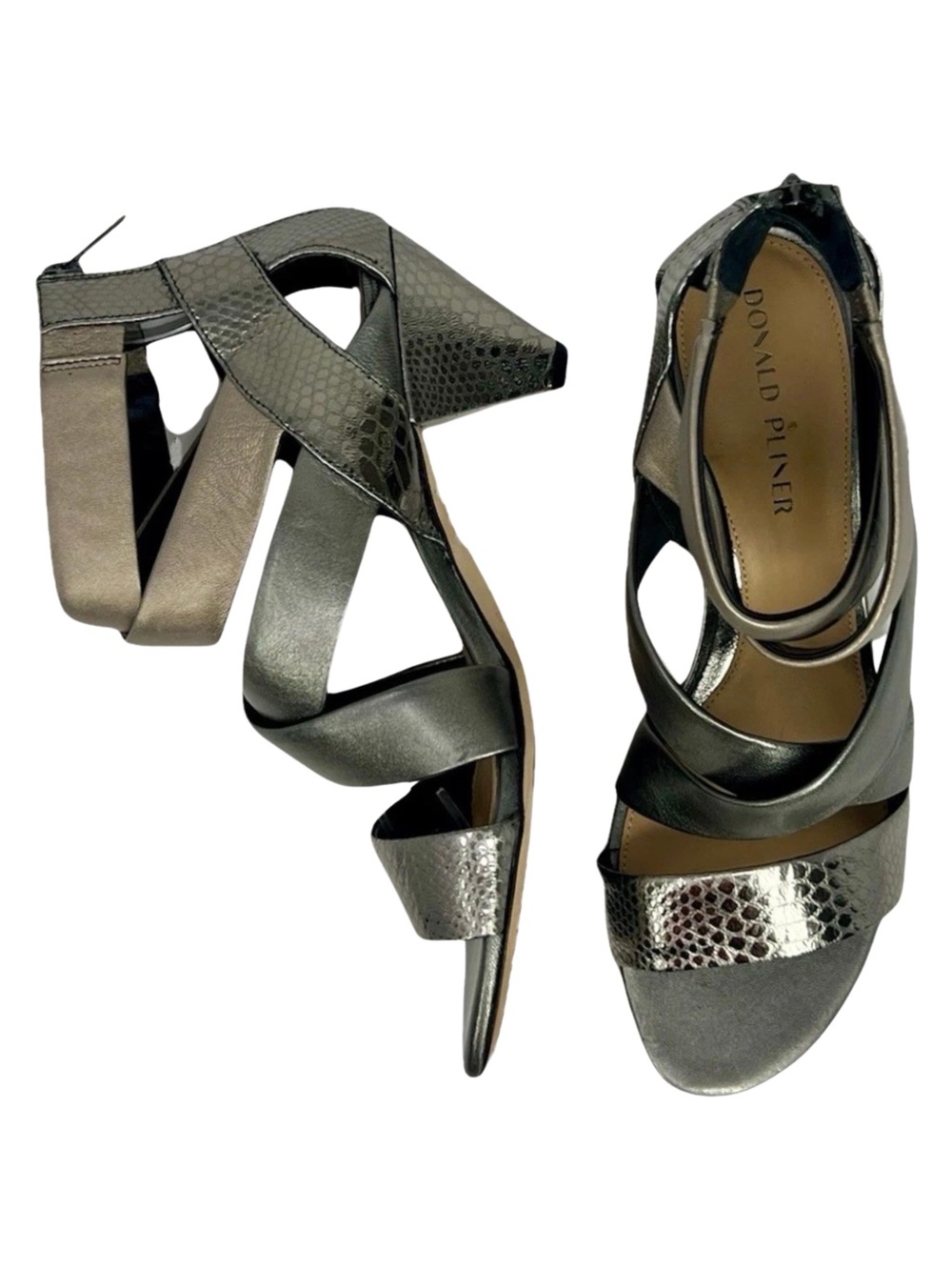 Donald Pliner Leather Sandals Dalas Zipper Cone Heel Metallic Pewter Snakeskin 9